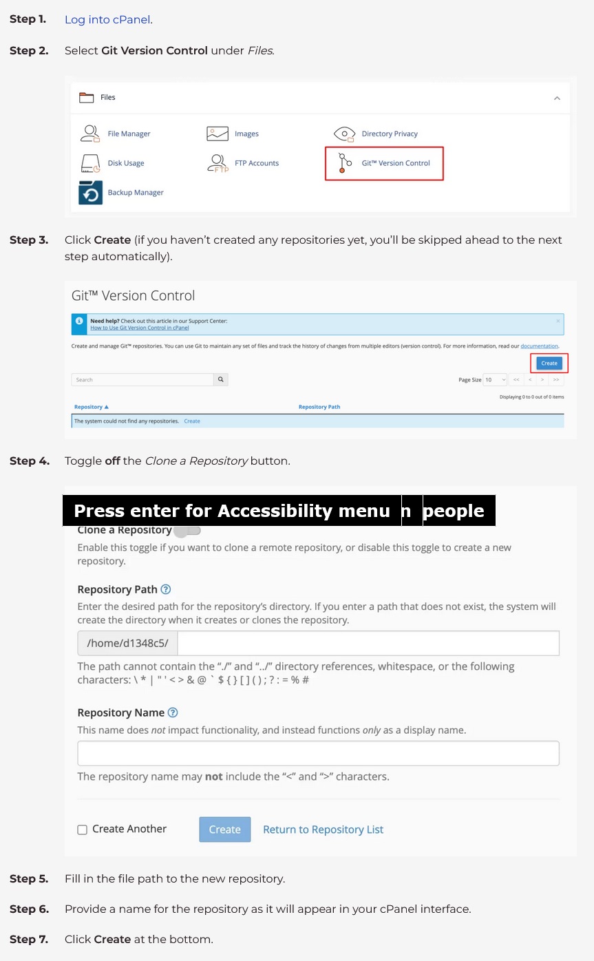 How to create Git repository with cpanel