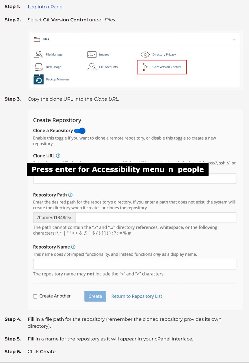 How to "clone" Git repository in cpanel